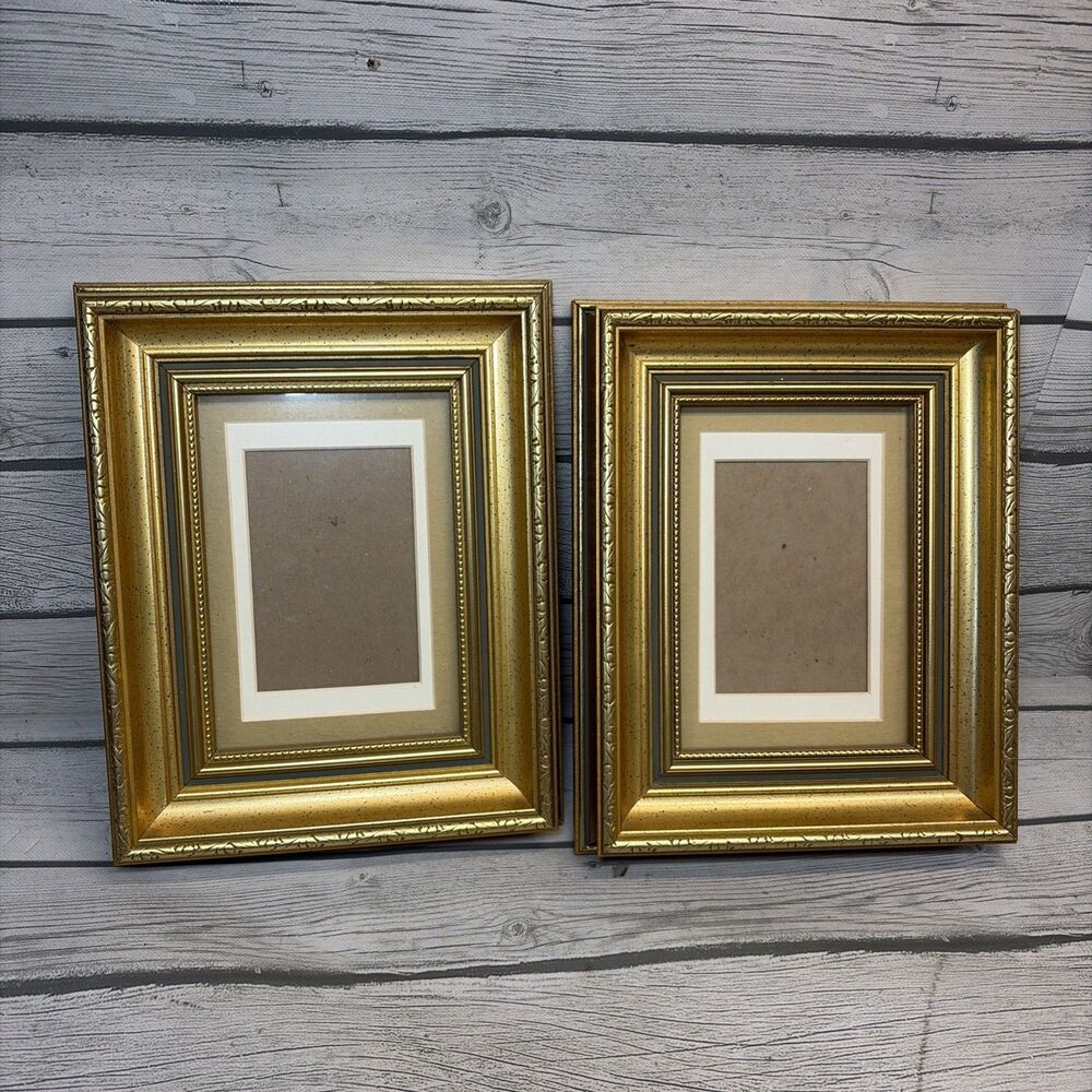 Pair Vintage Antique Style Deep Wood Picture Frames, Gold Detail 8 1/2x11